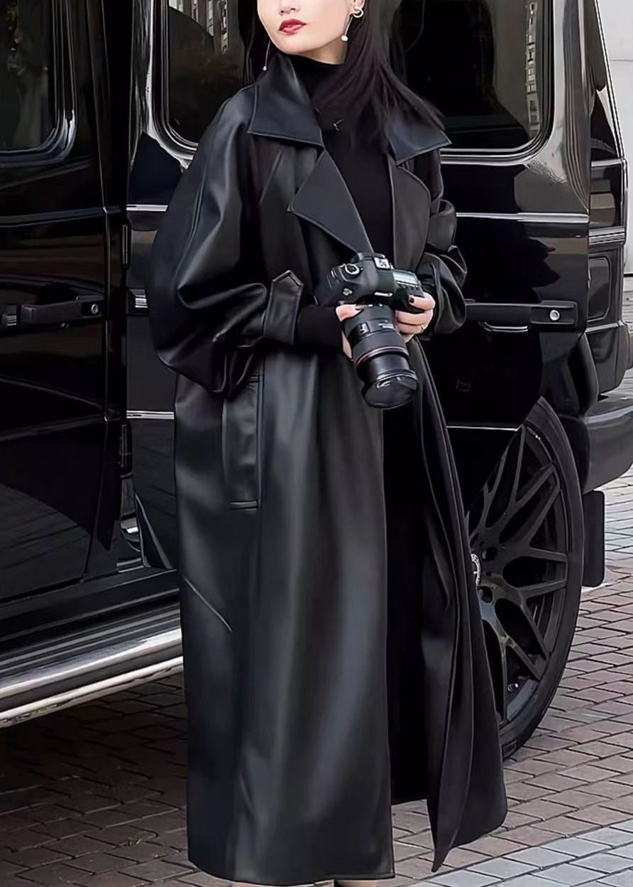 VCSHOES Loose Black Peter Pan Collar Patchwork Thick Faux Leather Trench Coats Winter