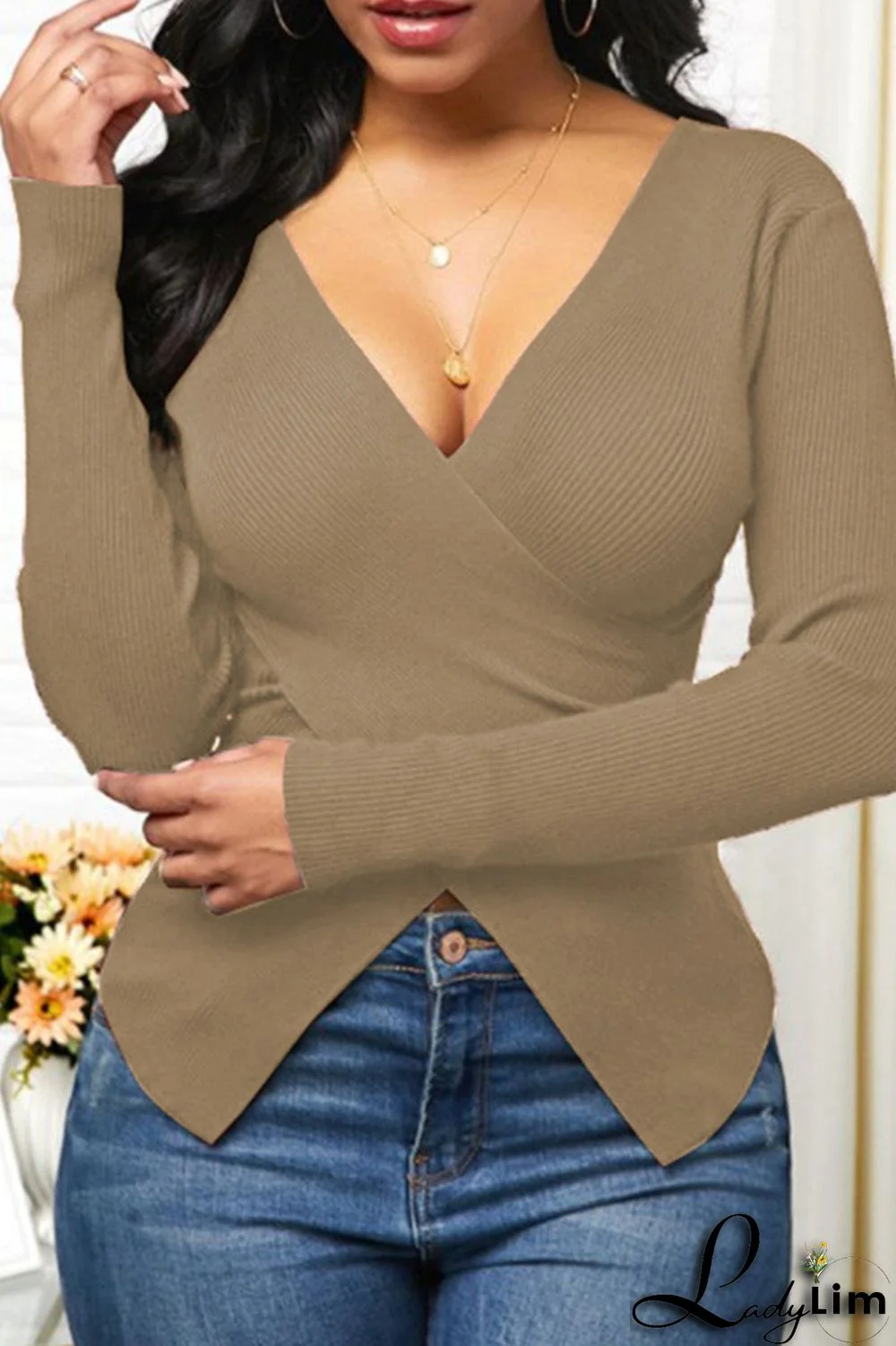 Khaki Fashion Casual Solid Split Joint V Neck Tops