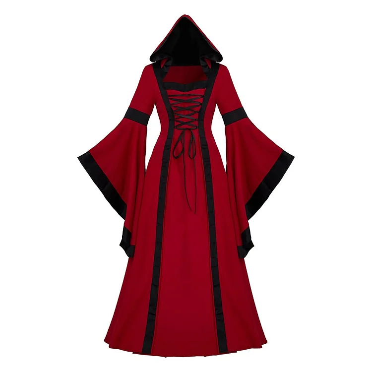 Women's Gothic Victorian Witch Vampire Dress Medieval Renaissance Hooded Dress Trumpet Sleeves Cosplay Gown Dress