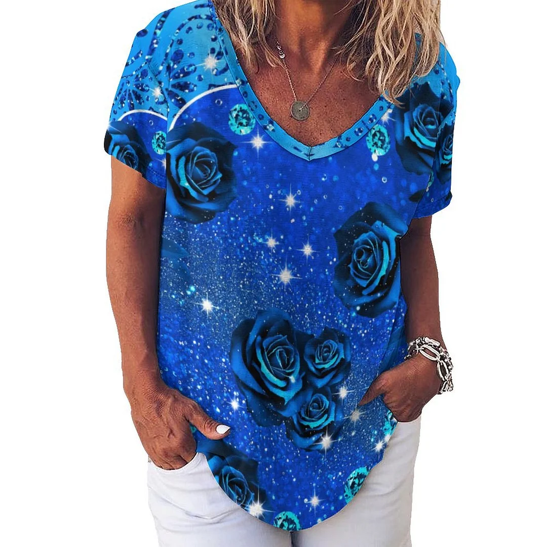 V-neck Short Sleeve Casual T-shirt for  Women Printed with Pattern Rose, Blue, Glitter