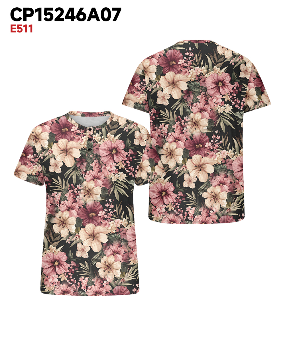 Men's Plus Size Pink Gesang Flower Print Henry Collar Button Short Sleeve T-Shirt