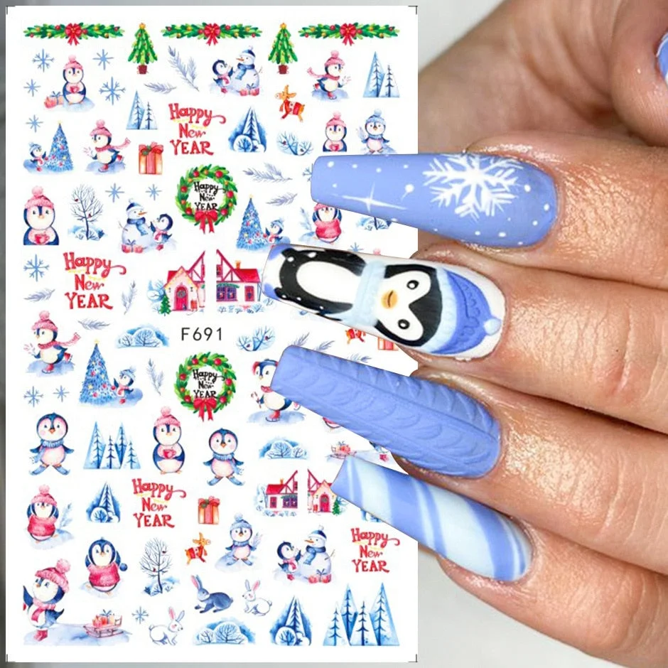 Merry Christmas 3D Nails Sticker Winter Cute Cartoon Sliders Snowflake Elk Xmas Tree Decal UV Gel Polisn Manicures Foils Decor-Nail Inspo