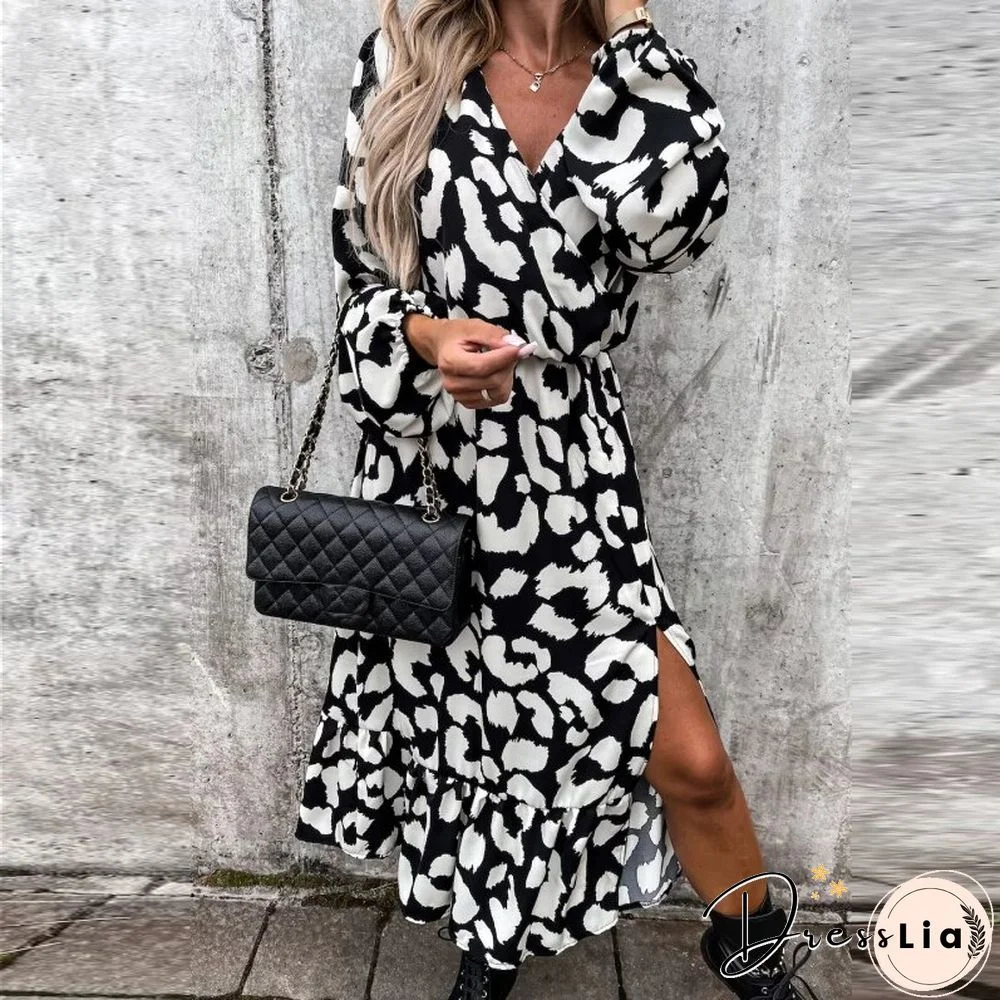 Fall Elegant Long Sleeve V-Neck Slit Dress Women Retro Leopard Print Long Dress Ladies Fashion Loose Waist Pleated Dresses