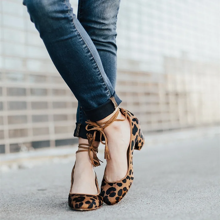 Brown Leopard Print Round Toe Ankle Strap Block Heel Pumps |FSJ Shoes