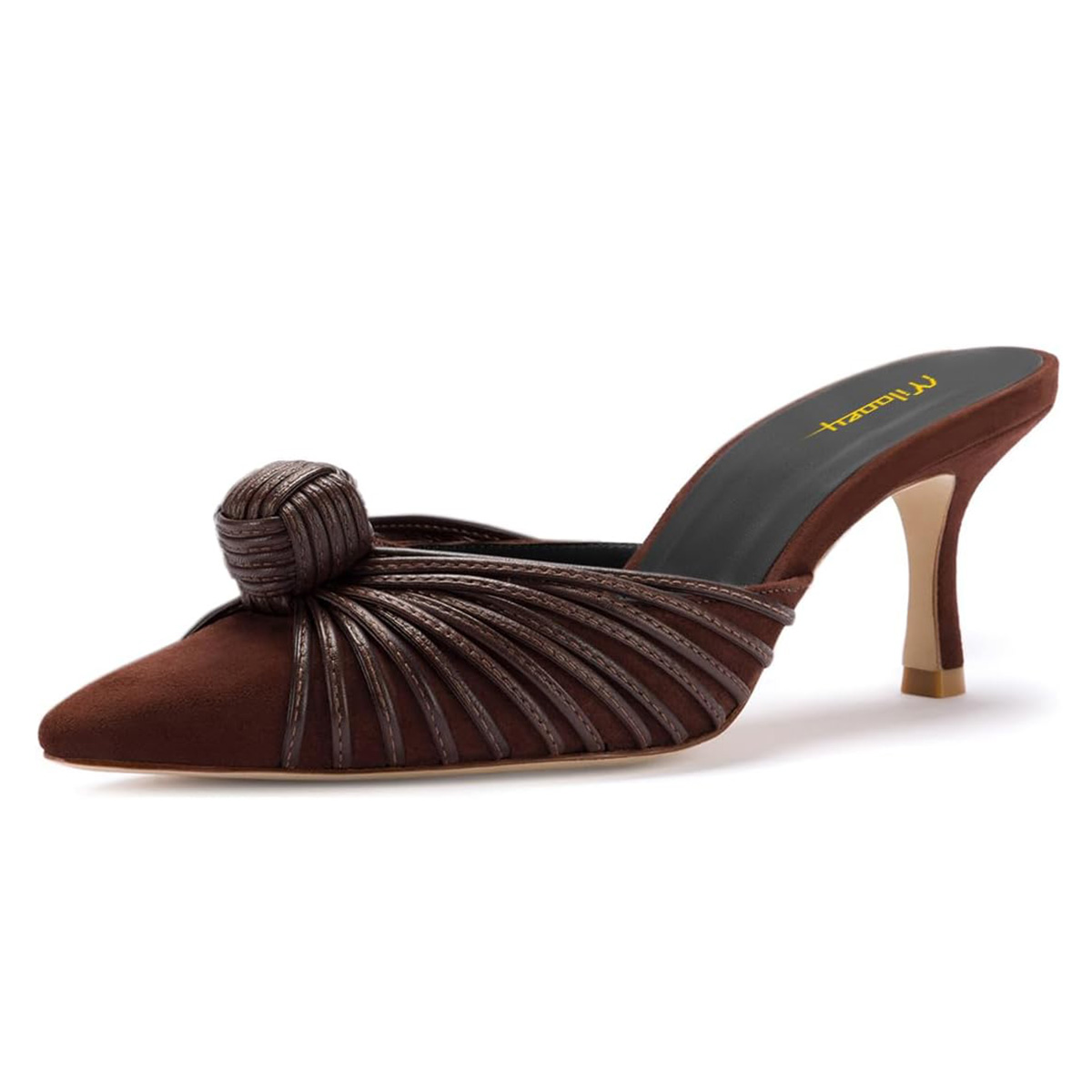 Brown Pointed Toe Kitten Heel Women's Mules Shoes with Strappy Design Nicepairs