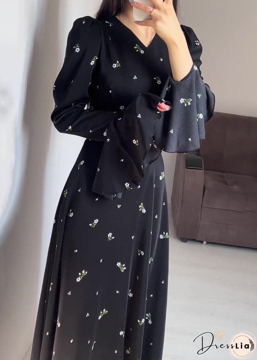 Stylish Black V Neck Print Cotton Maxi Dresses Butterfly Sleeve