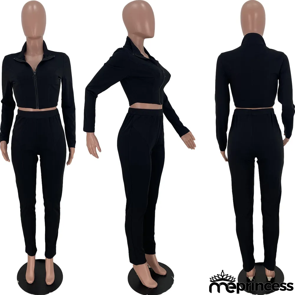 Solid Long Sleeve Zipper Two Piece Pants Set