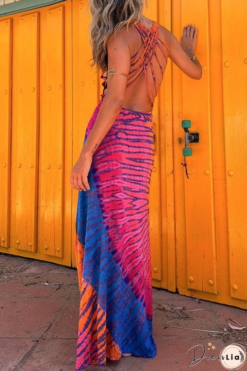 Back Criss Cross Sleeveless Color Block Tie Dye Maxi Dress