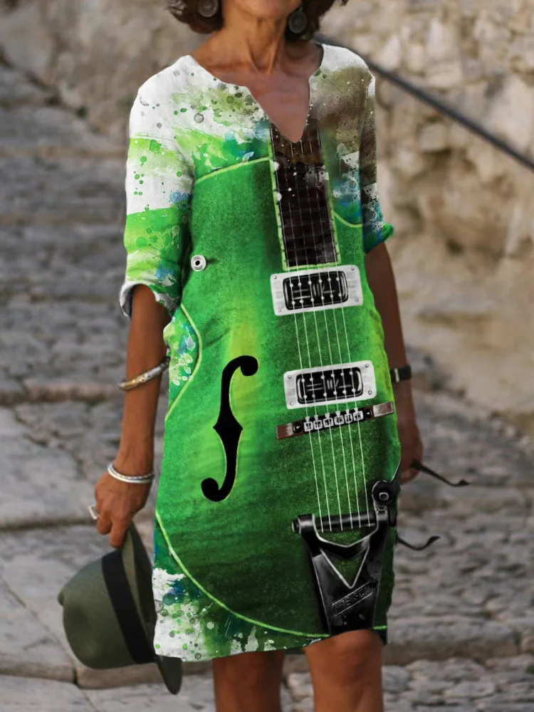 Watercolor Guitar Art Notch Neck Midi Dress