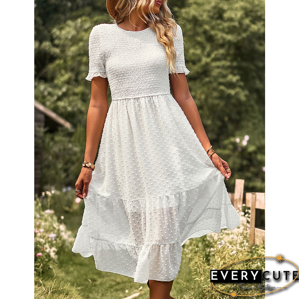 White Swiss Dot Pleated Elegant Short Sleeve Midi Dress
