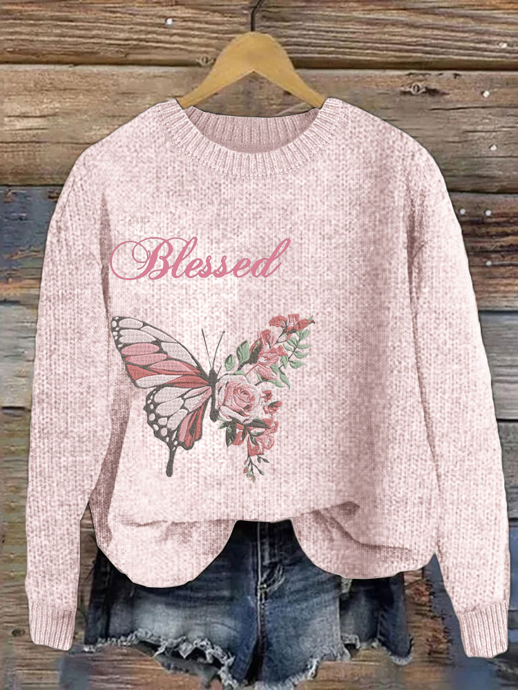Pink Consciousness Blessed Butterfly Embroidered Sweater