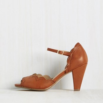 GOOSHOE Tan Laser Cut Peep Toe Chunky Heel Vegan Pumps