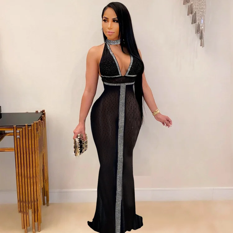 Promsstyle Sexy halter backless deep v neck see through mesh rhinestone maxi evening party dress Prom Dress 2023