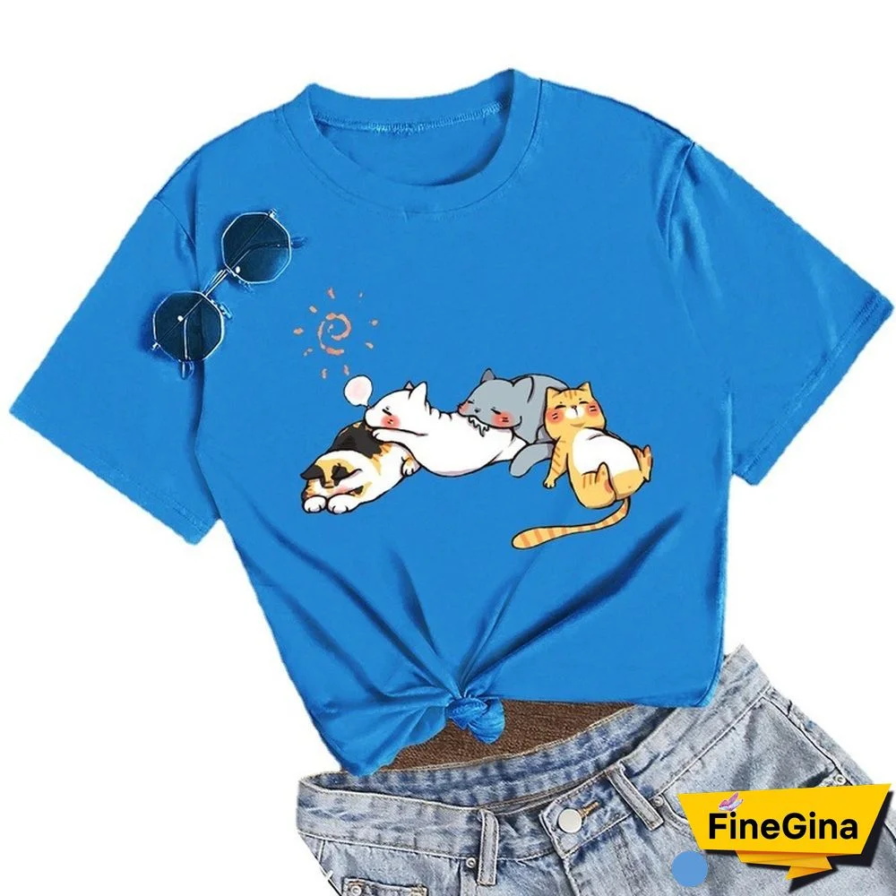 Cotton 100% Women's T Shirt Summer Short Sleeve Nap Cat Print Fashion Kawaii Female Clothes Casual O-Neck Tshirt Ladies Tee Tops