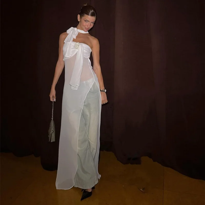 Uveng Uveng Summer New Sexy One-Word Shoulder Neck Bow Wipe Chest Perspective Irregular Dress