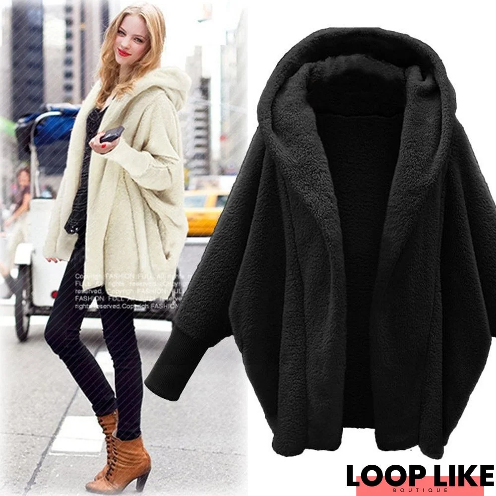 Solid Color Long Sleeve Hooded Loose Plush Coat In Autumn and Winter