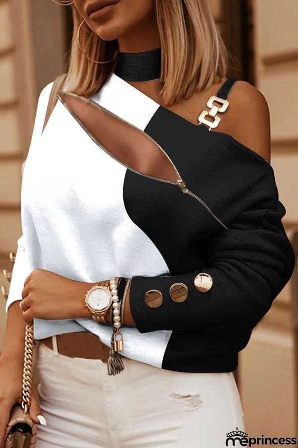Flawless Printed Zipper Cold Shoulder Loose Top