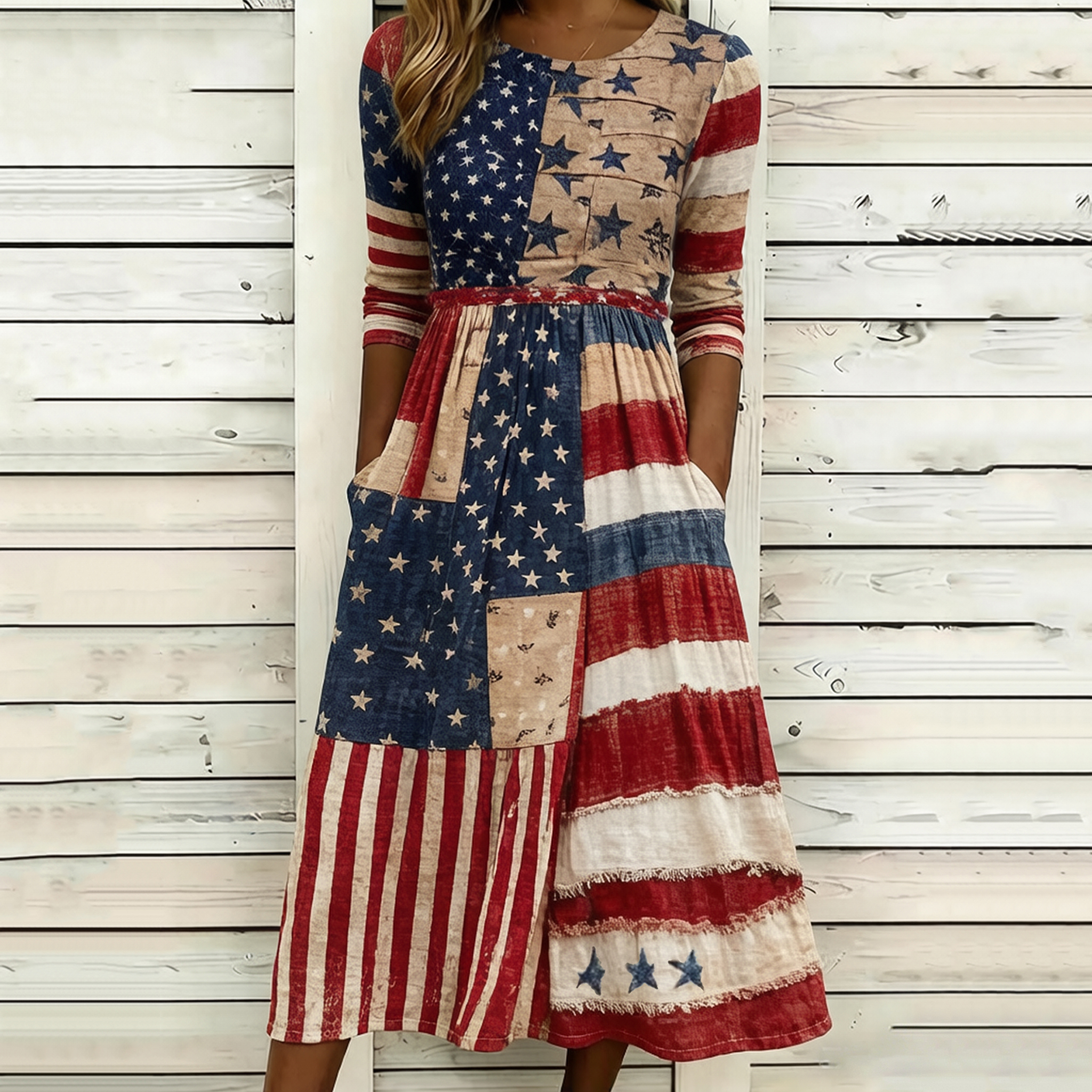 Comstylish Women's Retro Flags Print Casual Crew Neck Dress