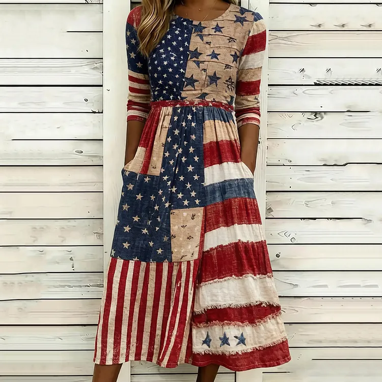 Women's Retro Flags Print Casual Crew Neck Dress