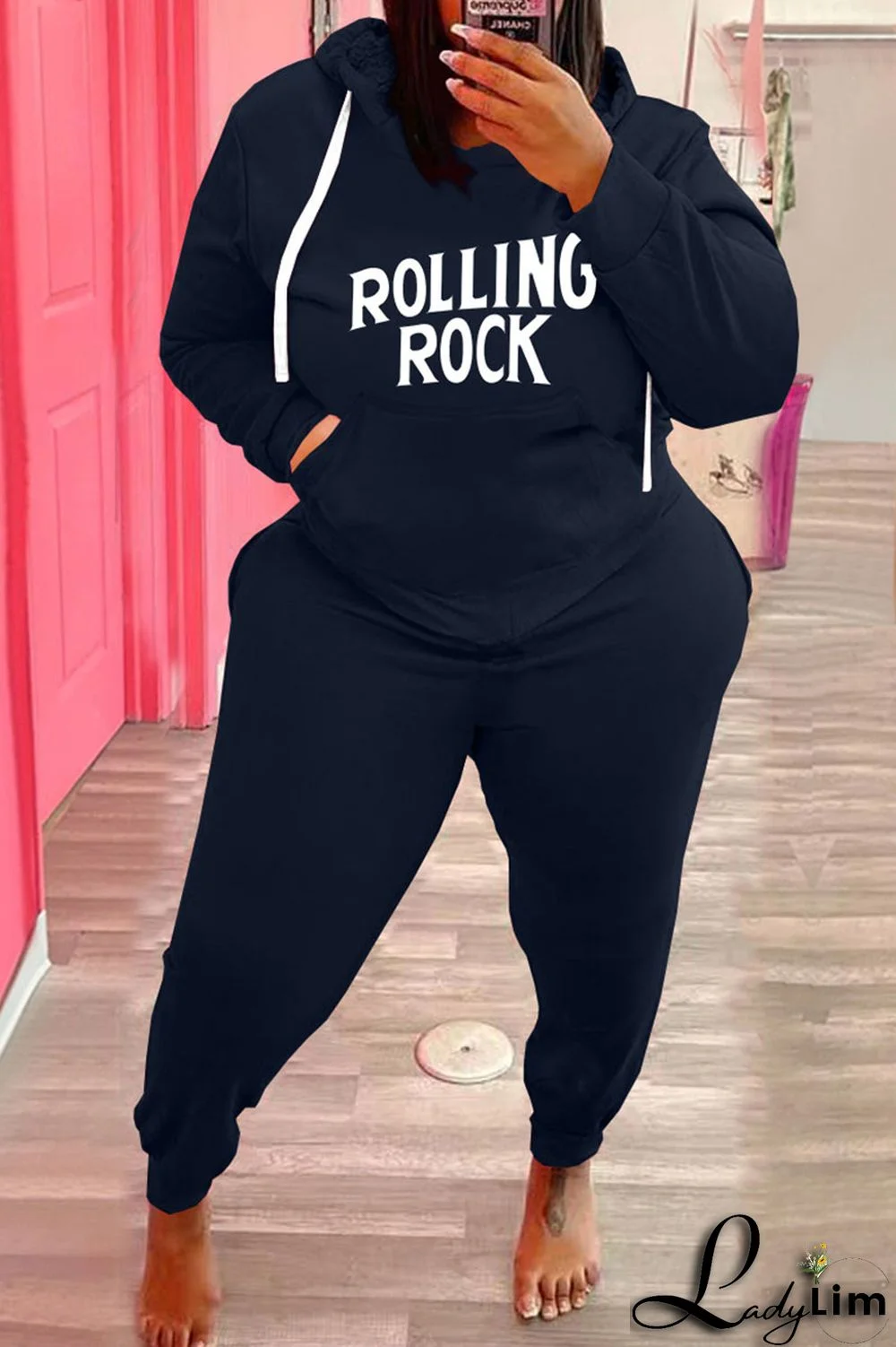 Army Green Fashion Casual Letter Print Basic Hooded Collar Plus Size Two Pieces