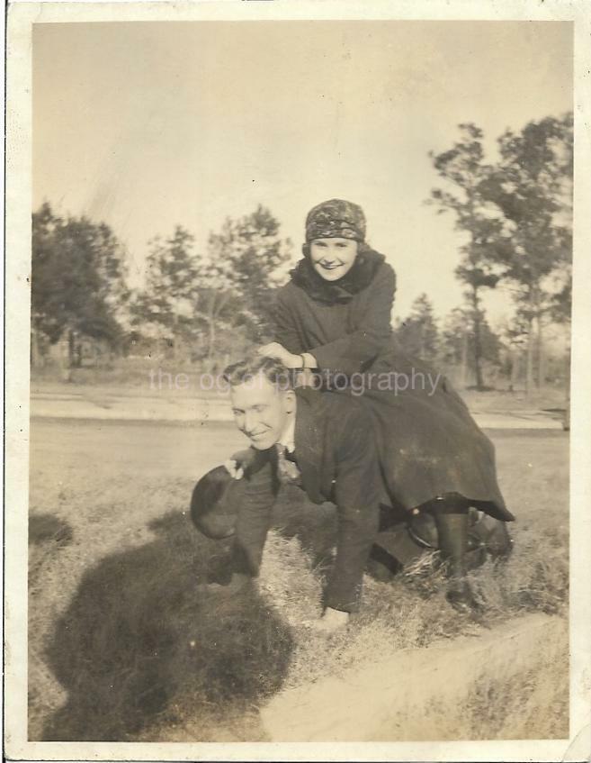 PLAYFUL COUPLE Man WOMAN Found ANTIQUE Photo Poster painting bw SHADOW Snapshot VINTAGE 14 1 X