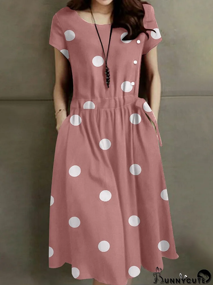 Dot Print Drawstring Waist Pocket Short Sleeve Dress