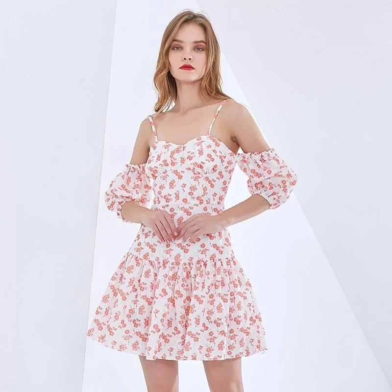 ABEBEY Print Dress For Women Square Collar Lantern Sleeve Off Shoulder High Waist Floral Mini Dresses Female 2023 Clothing
