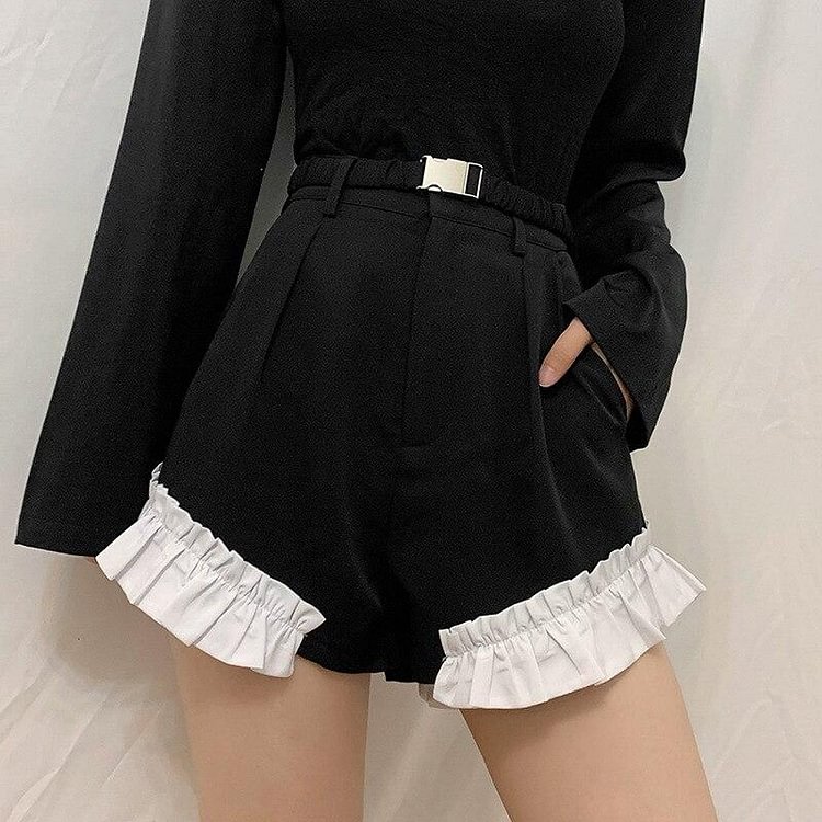 GOTH HIGH WAIST PATCHWORK BLACK MINI SHORTS
