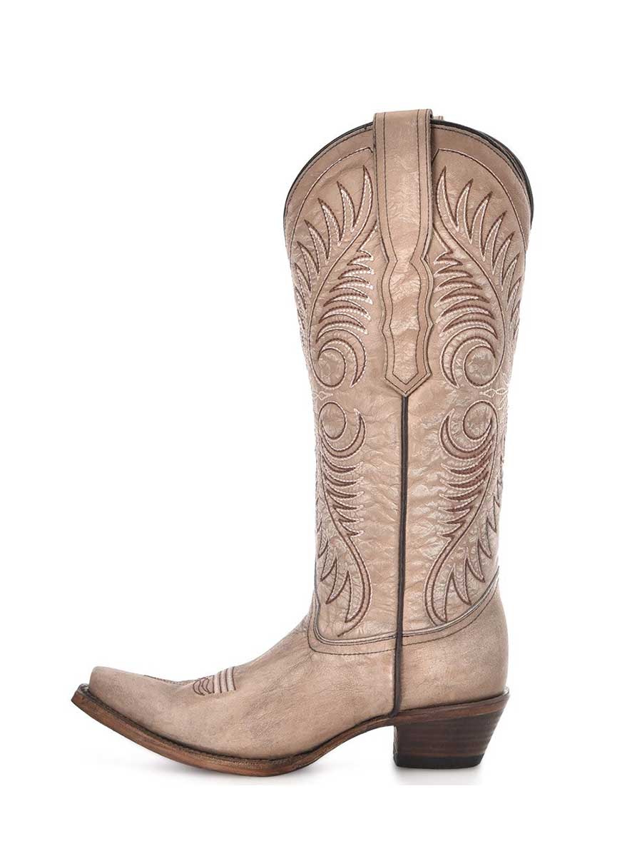 Beige Distressed Snip Toe Embroidered Knee-High Cowboy Boots for Women