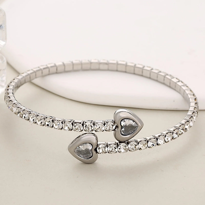 3 Pieces Elegant Luxurious Shiny Round Heart Shape 304 Stainless Steel Artificial Pearls Shell Zircon Bangle In Bulk