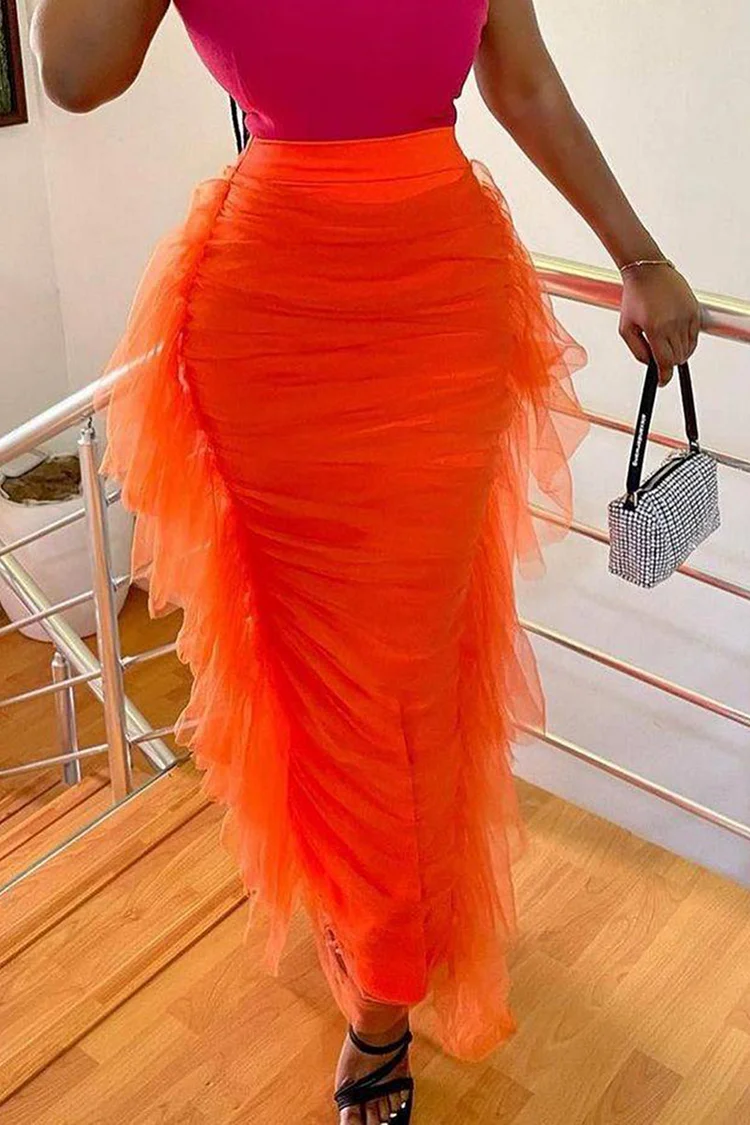 Xpluswear Plus Size Orange Daily Side Tulle Ruffles Fold Skirts [Pre-Order]