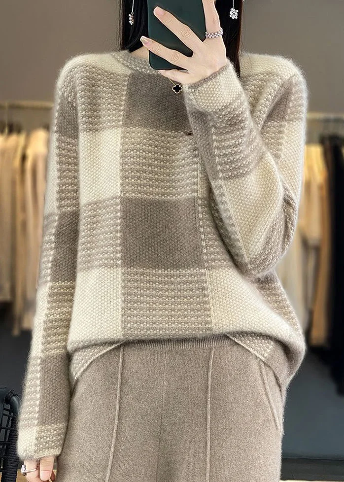 Women Grey Plaid O Neck Cozy Sweaters Long Sleeve