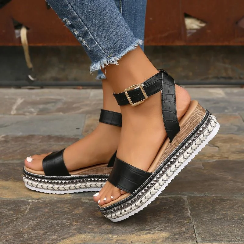 Breakj Breakj Spring And Summer Women's Large Size Hemp Rope Bottoms Thick-Soled Women Sandals Lady Buckle Slope And Fish Mouth Women Sandals