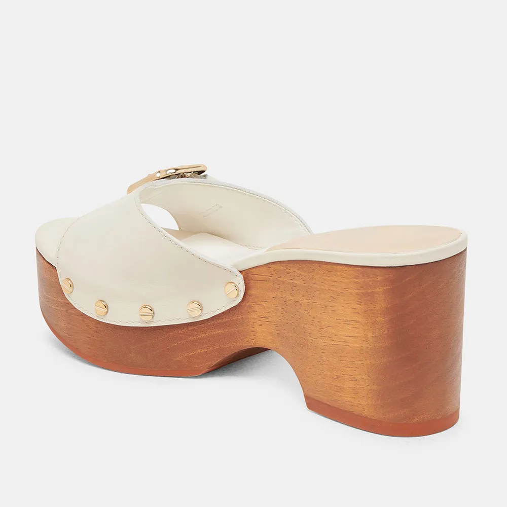 White Open Round Toe Studded Platform Mules Sandals with Buckle