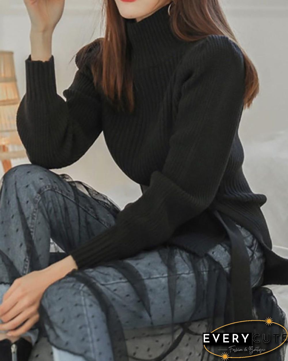 High Neck Puff Sleeve Tied Detail Sweater