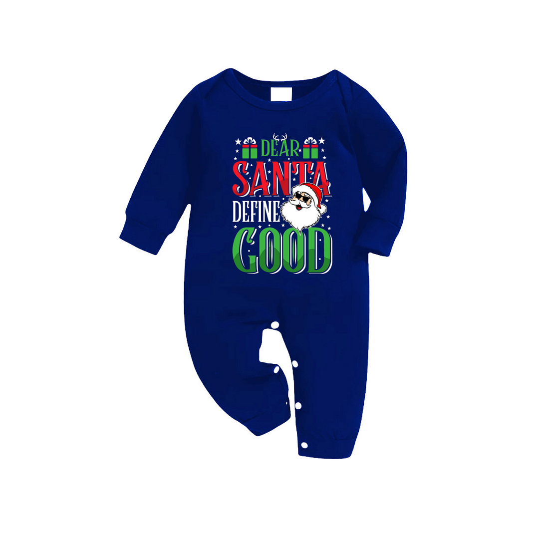 "Dear Santa Define Good" Text Printed Blue and White Plaid Family Matching Pajamas