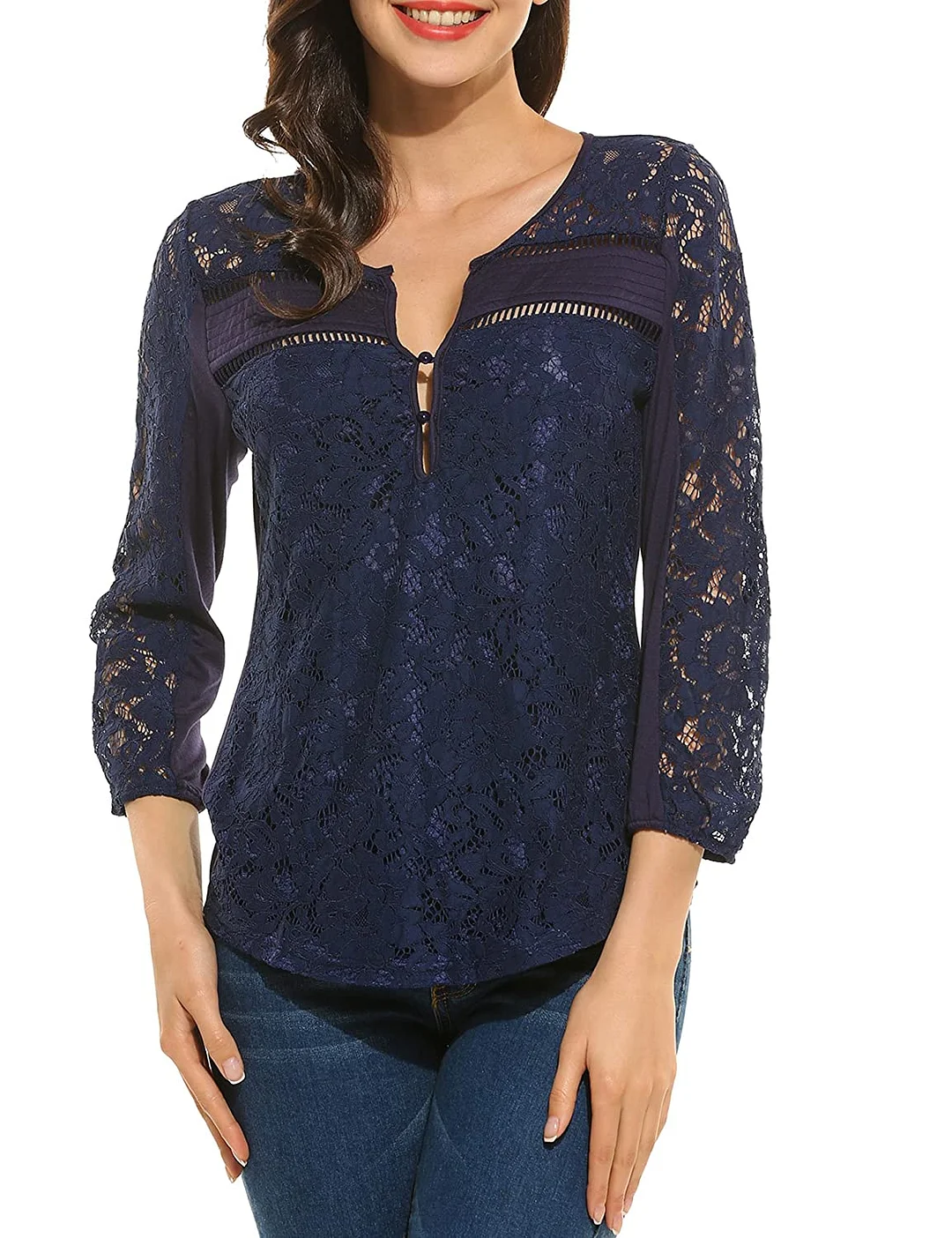 Women Casual V-Neck 3/4 Sleeve Floral Lace Button Blouse Tops