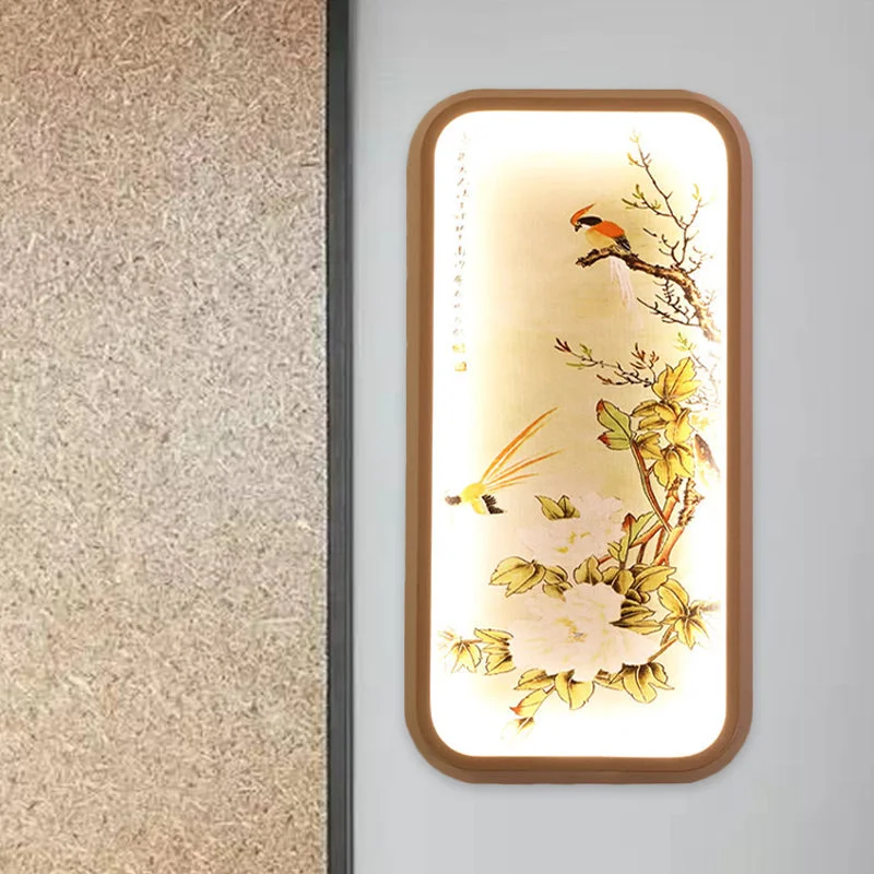Fabric Rectangle Leaf and Bird Mural Light Chinese Style LED Yellow Wall Mount Light