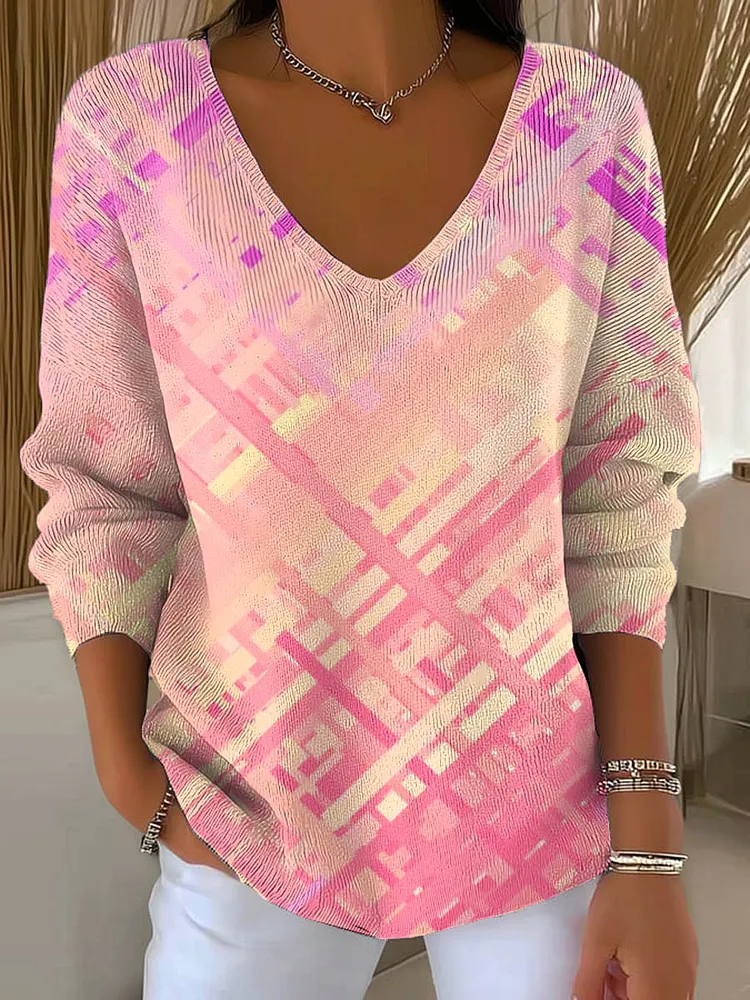 Women's Pink Gradient Pattern Art Print Casual Pullover Sweater
