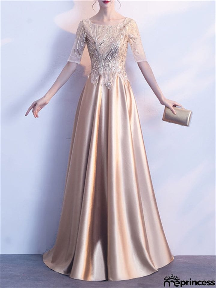 Shiny Round Neck Short Sleeve A-Lined Gown Dress for Evening