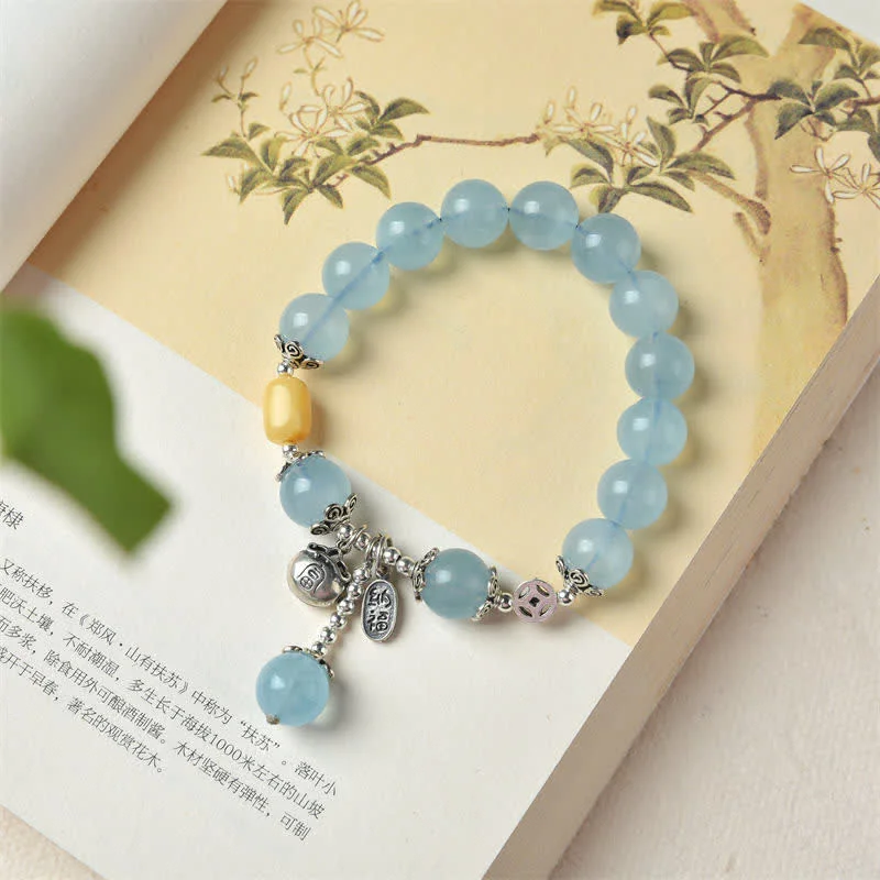 925 Sterling Silver Natural Aquamarine Amber Healing Blessing Charm Bracelet