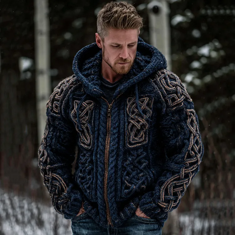 Men's Vintage Viking Celtic Knot Art Zip Cozy Hooded Cardigan