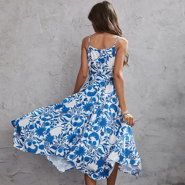 Women's Summer Sleeveless Backless Casual Sexy V Neck Elegant A-Line Printed Midi Dress