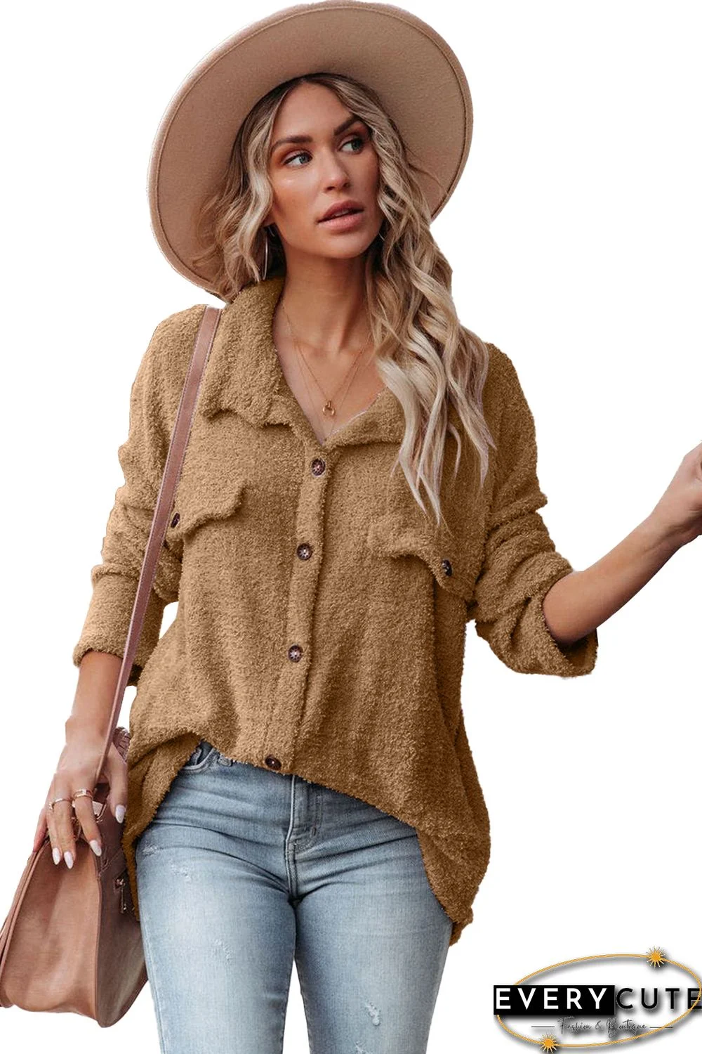 Khaki Plush Button Down Pocketed Shirt Jacket