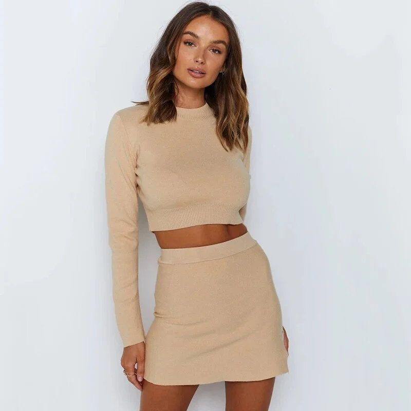 Women's Dress Solid Ribbing Two Piece  Long sleeve crop top With Casual Split fork High waist mini skirt y2k winter knitting