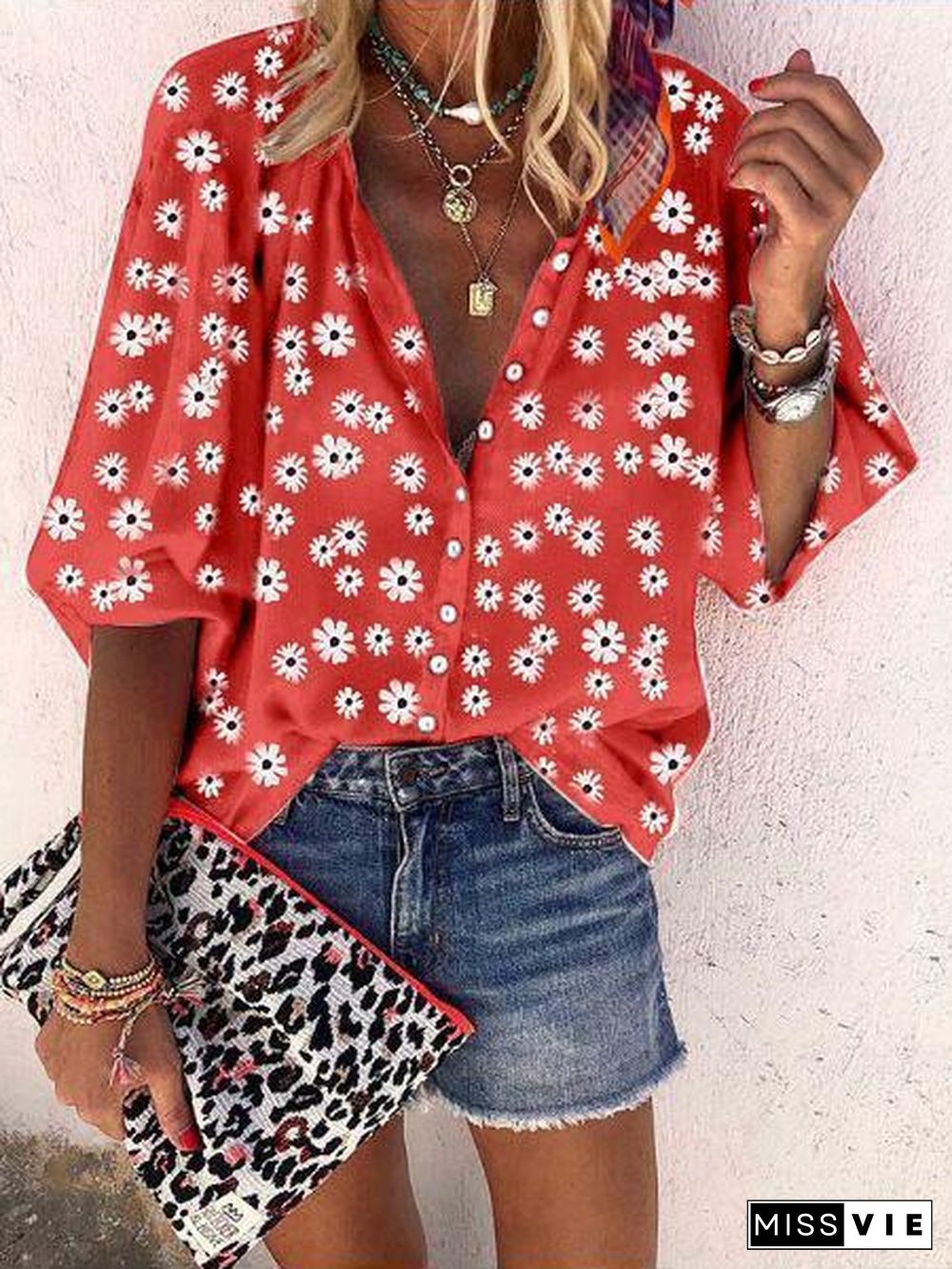 Lapel Chiffon Flower Printed Shirt