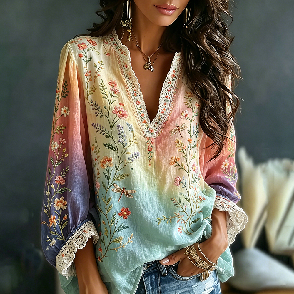 Comstylish Women's Floral And Dragonfly Art Print Colorful Cotton Linen V-neck Long Sleeve Top