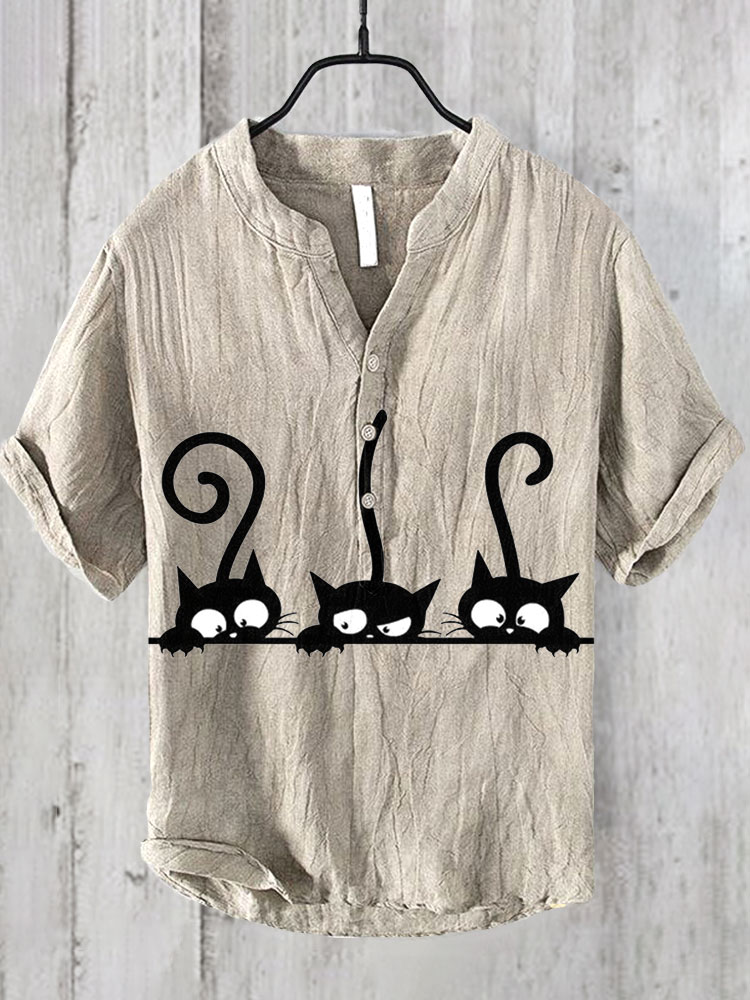  Japanese Art Black Cat Print Cotton Blend Shirt Westsshops