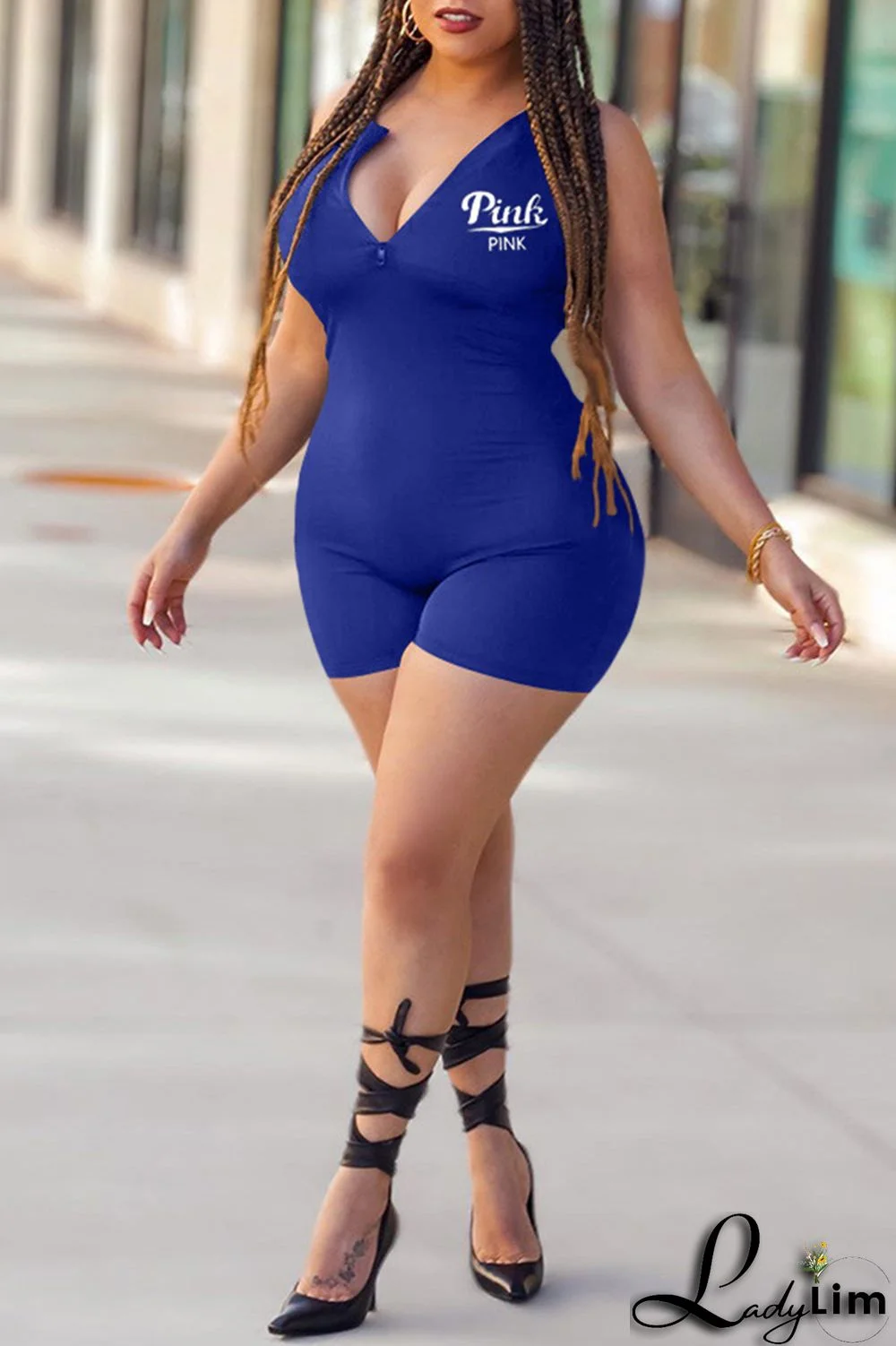 Blue Fashion Casual Letter Print Basic Zipper Collar Skinny Romper