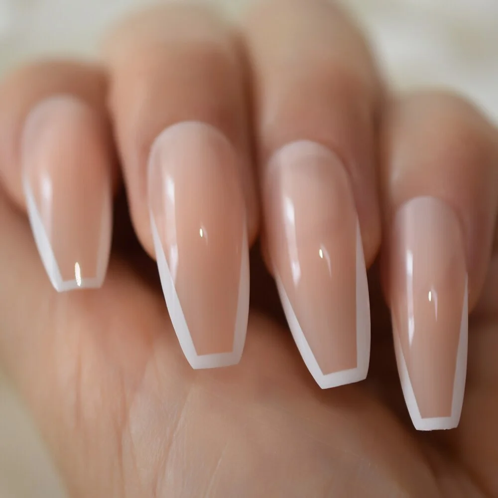 Medium Nude Clear Fake Nails With Red Rim U Press On Nail Whole Cover French Fingernails Set 24pcs-Nail Inspo